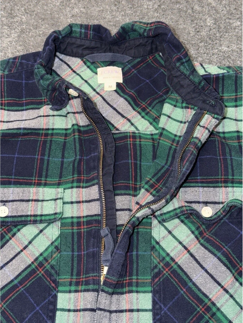 J.Crew Plaid Flannel Quarter Zip Shirt Men’s Medium Green Navy 100% Cotton